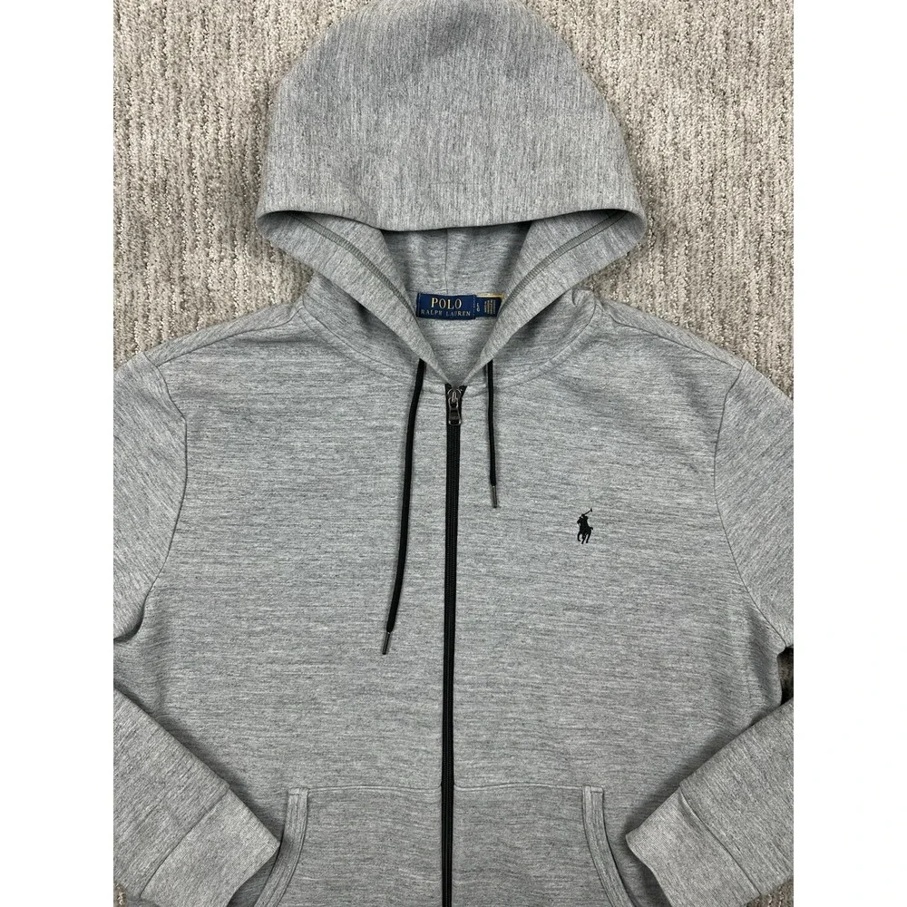 Polo Ralph Lauren Hoodie Men Large Gray Double Knit Tech Fleece Full Zip Pockets